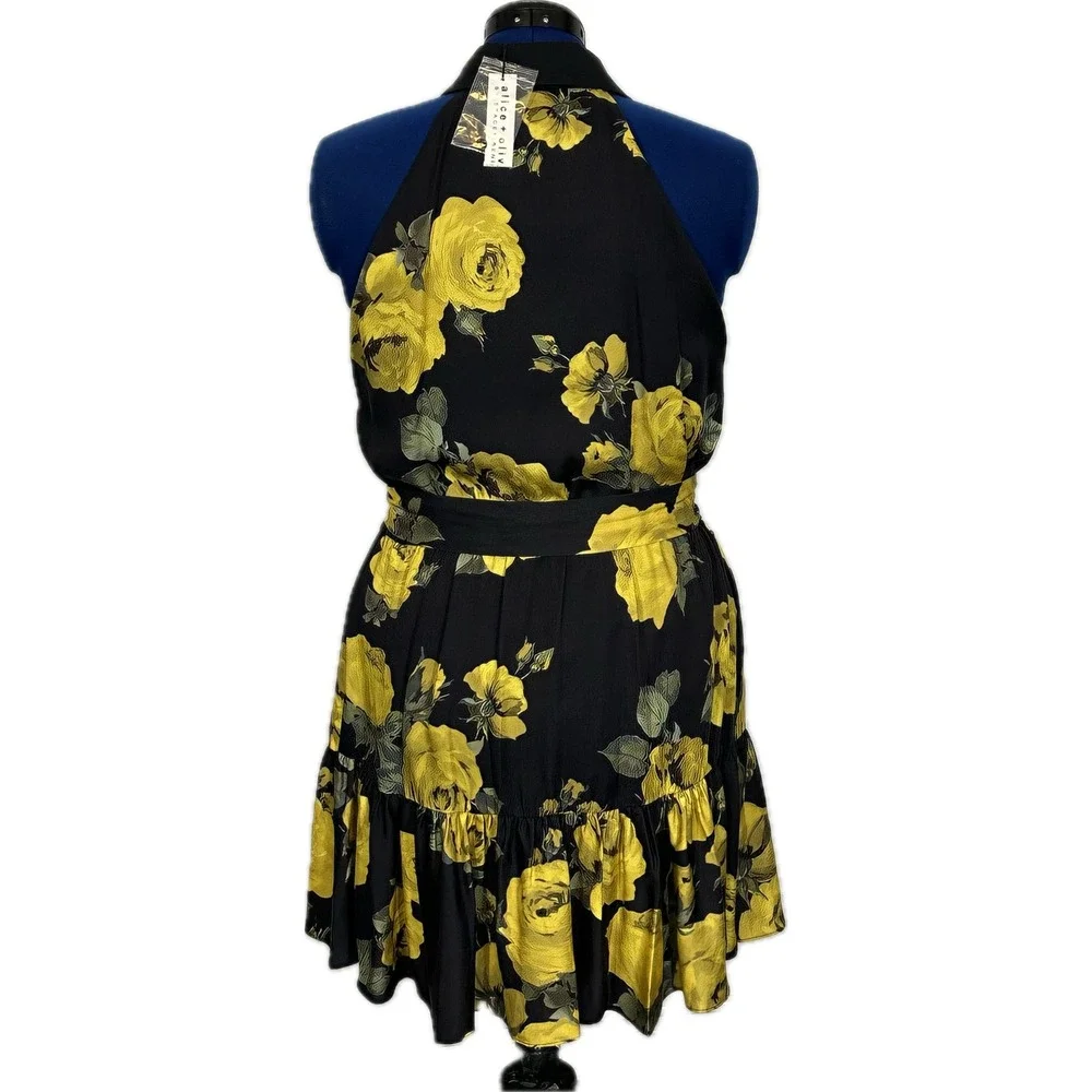 Alice‎ + Olivia Miranda floral tie-waist halter minidress 14 Black Yellow NWT